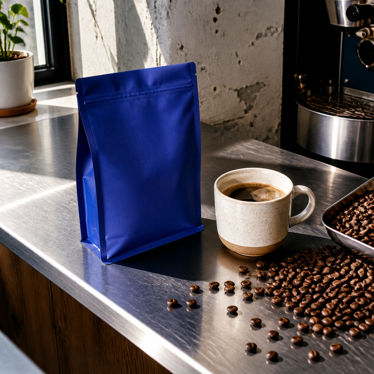 Cobalt coffee bag and ceramic cup on a sunlit roastery counter