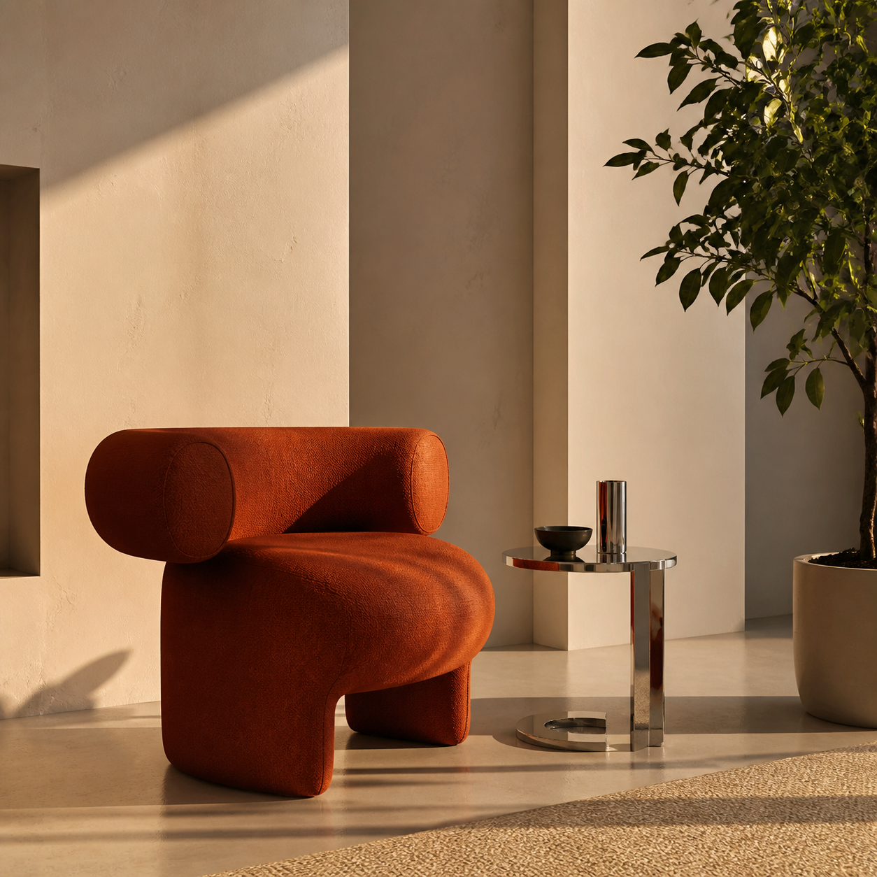 Rust-orange sculptural chair in a sunlit modern interior