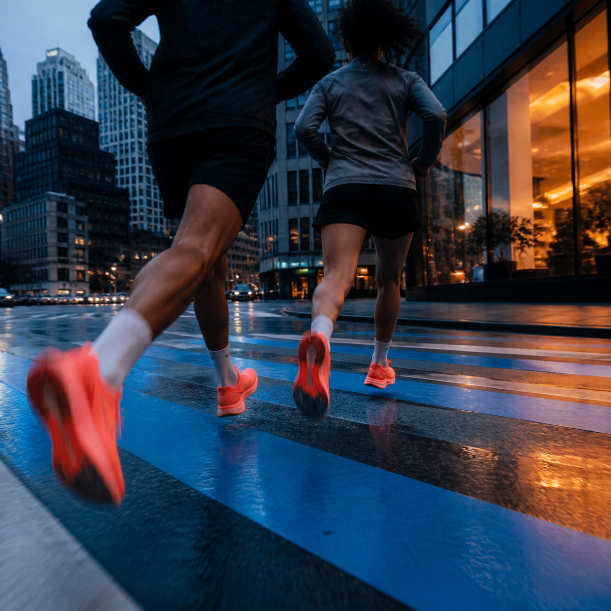 Two runners crossing a cobalt street at blue hour