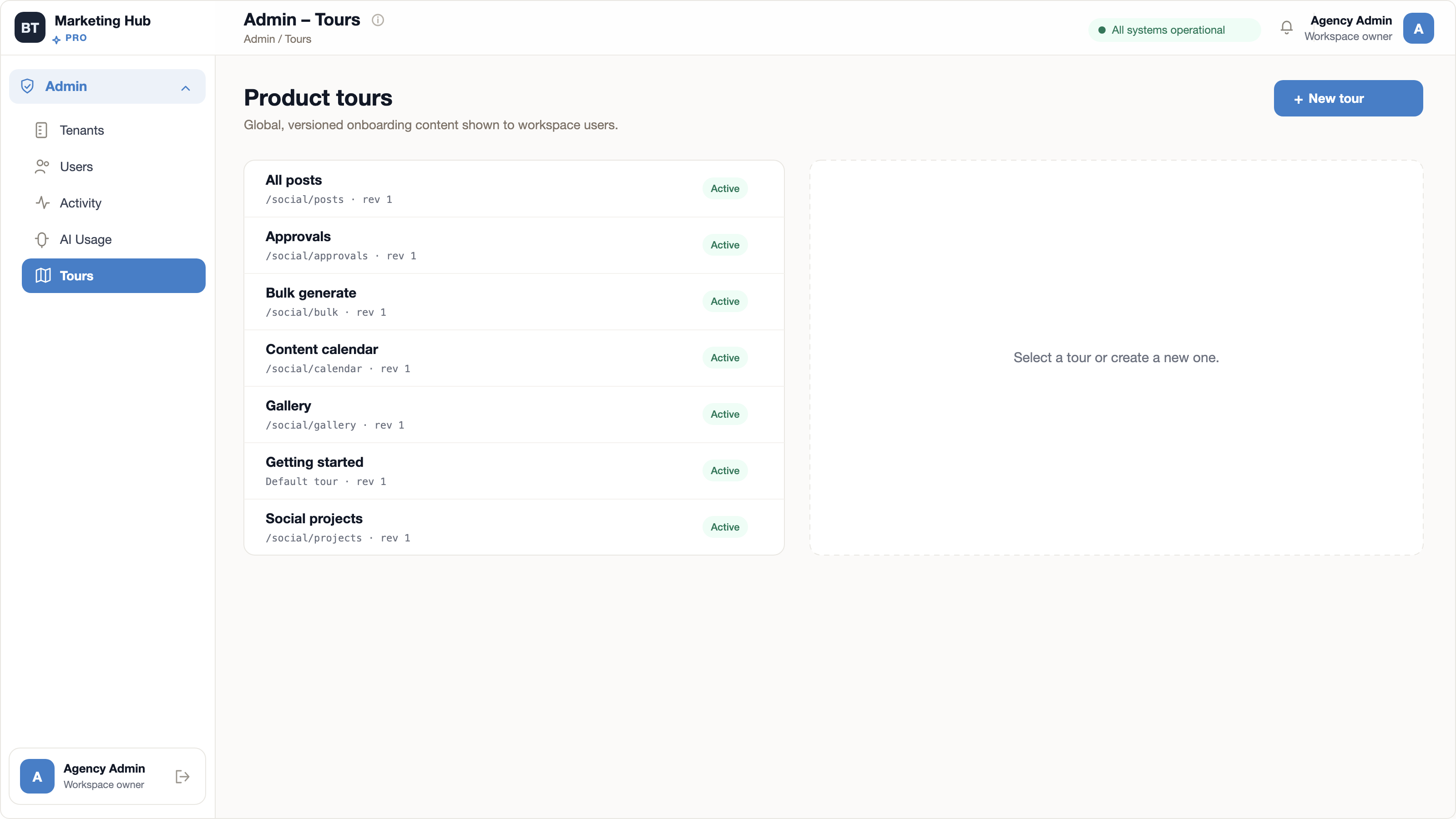 Marketing Hub admin product tours screen: a list of the versioned onboarding tours for posts, approvals, bulk generation, the content calendar, the gallery, getting started and social projects, each with the route it explains and an active badge, beside an empty tour panel